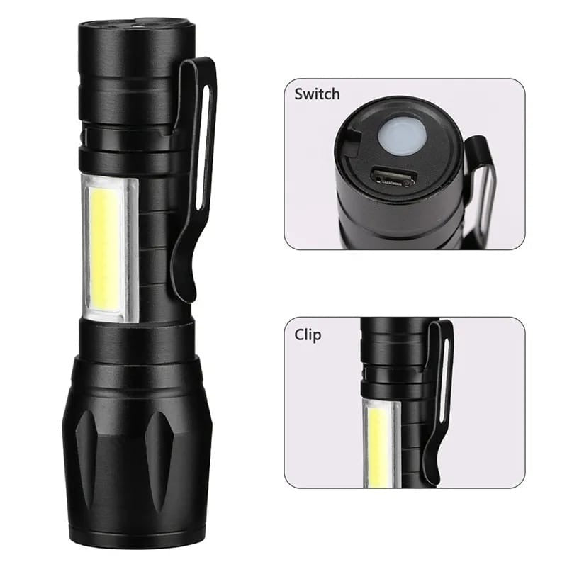 Portable LED Flashlight – Mini Rechargeable Torch With Side Light & Waterproof - Metal Body Rs 300
