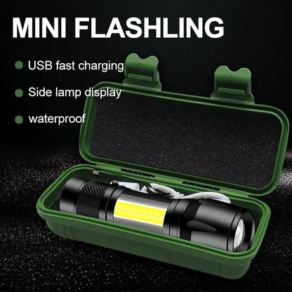 Portable LED Flashlight – Mini Rechargeable Torch With Side Light & Waterproof - Metal Body Rs 300