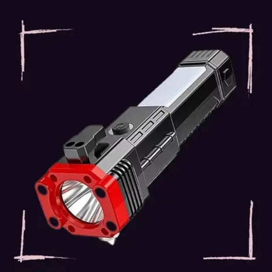 High Power LED Torch Light Rechargeable Flashlight With Tactical Hammer And Power Bank Providing Strong Brightness (Random Color)